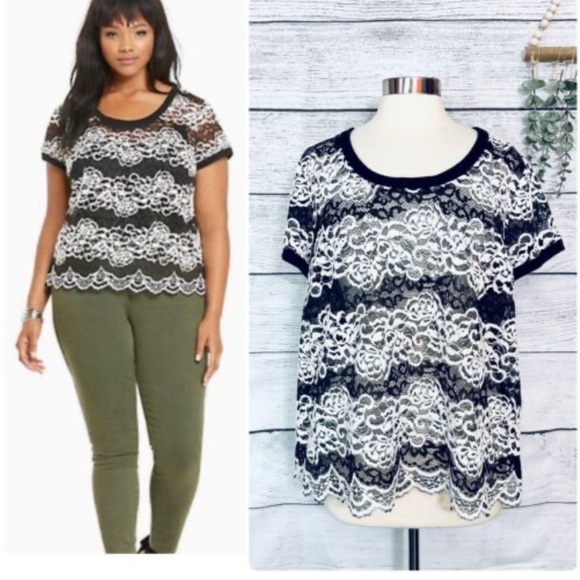 Torrid Lace Scalloped Ribbed Trim Black White Blouse Top Plus Size 3 - Picture 3 of 3